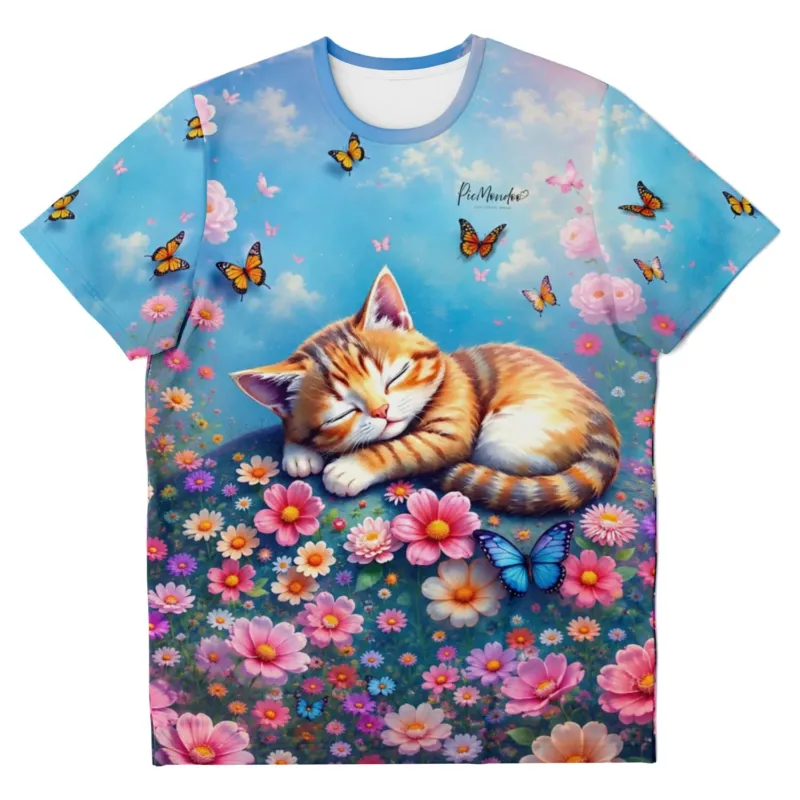 Dreamer T-Shirt mit schlafender Katze in Blumenwiese und Schmetterlingen im Stil von Diamond Painting Motiven