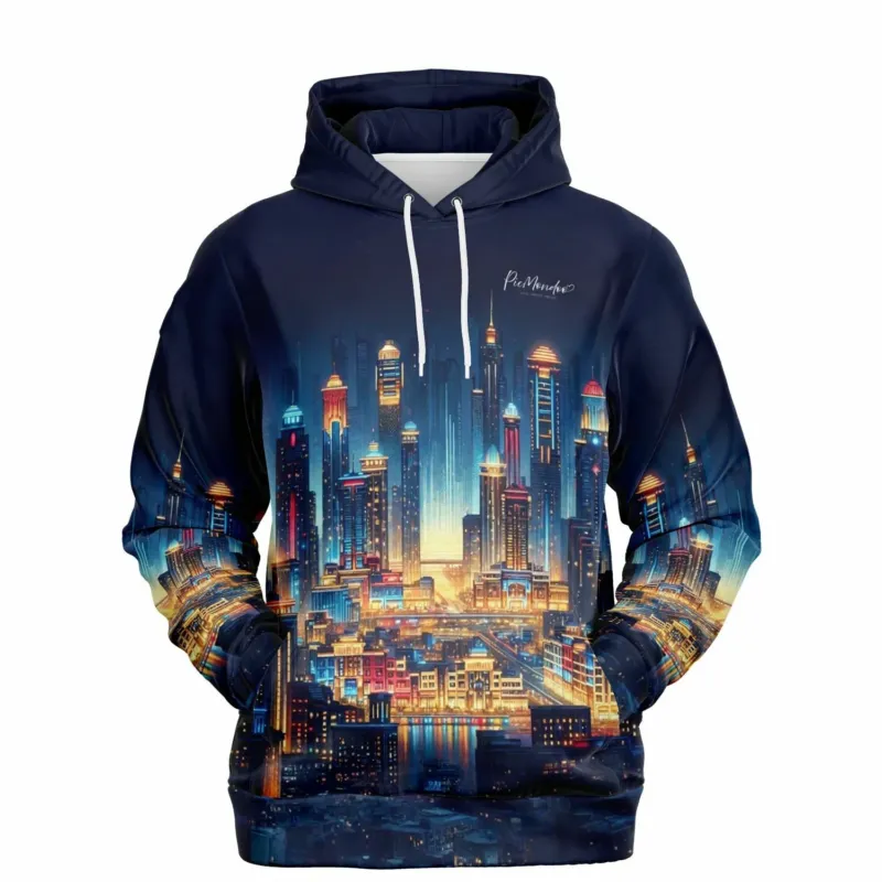 Dreamer Hoodie Stadt der Lichter mit nächtlicher Skyline, passend für Fans von Diamond Painting und Kunstmotiven.