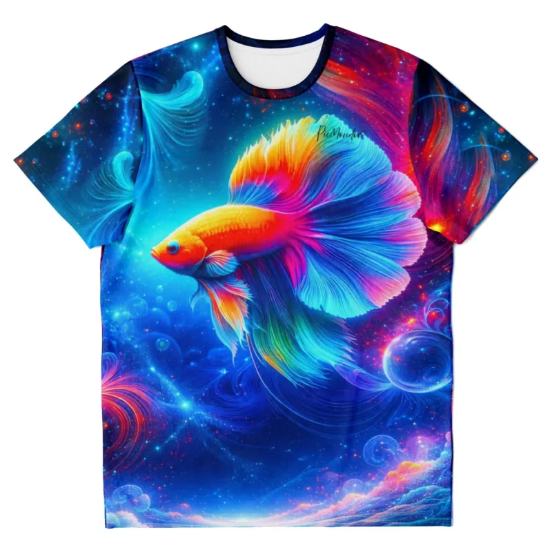 T-Shirt mit buntem Kampffisch-Motiv, inspiriert von Diamond Painting und Malen nach Zahlen Designs in leuchtenden Farben.
