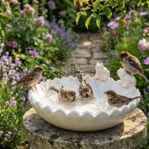 Keramik Vogeltränke Blüte Ø 26cm creme Frosch handglasiert Vogelbad Garten Deko
