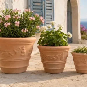 Terracotta Pflanzkübel Mediterran Girlandenmuster Blumentopf Garten Frostfest