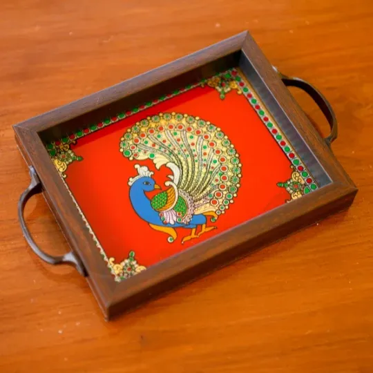 Reverse Glass Tanjore Style Peacock Tray