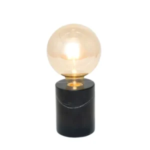 Tischlampe Il Fanale Piccolo mit rundem Glaskörper in Bernstein, schwarzem Marmorsockel, Durchmesser 9,5cm, Frontansicht mit leuchtender Glühbirne