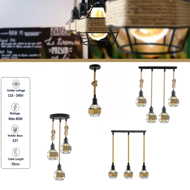 Industrielle Lampe, Vintage-Loft-Hängeleuchte, Retro-Seil-Pendelleuchte~3173