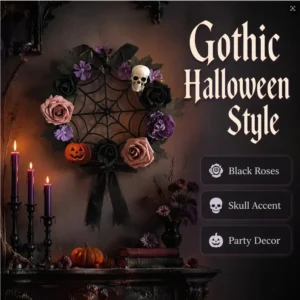 Halloween-Floral-Kranz, 40 cm, künstliche Rosen mit Schädel, Spinnweben-Dekoration für Haustür, Party, Event, Grusel-Deko