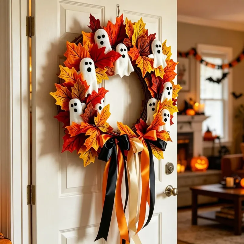 Halloween Geisterkranz mit Schleife, 40 cm, künstliche Blumen, realistische Dekoration für Haustür, Hochzeit, Geschäfte