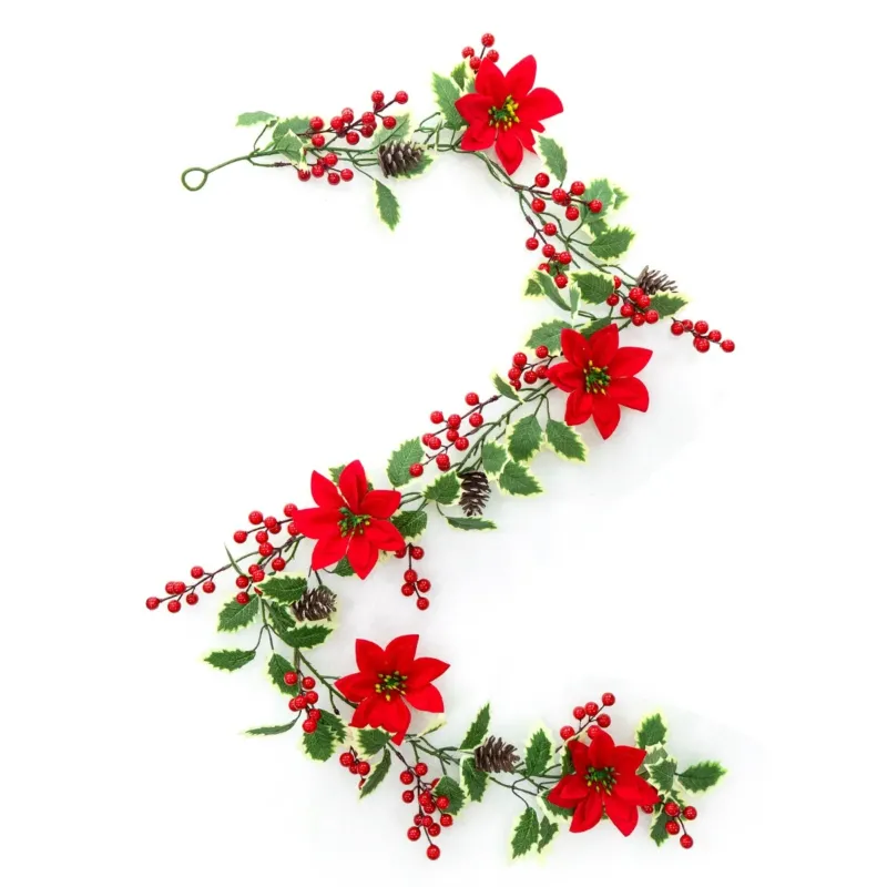 Weihnachts-Girlande 170 cm, künstliche Poinsettie mit roten Beeren, realistisch, biegbare Stängel, Festdeko, Hochzeit, Laden, Zuhause, Grabschmuck