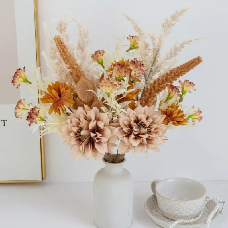 2 Kunstblumensträuße Dahlien Seide 46cm, Herbstdekoration, Hochzeitsevent, Wohnaccessoire, Innen- und Außenbereich