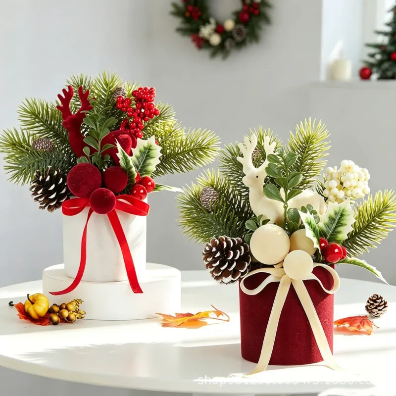 Flockierte Mini-Weihnachtsbaum mit Schleifenband-Dekor, 24 cm Höhe, realistisch wirkend, für Tischdeko, Laden-Display, Hochzeitsdekoration