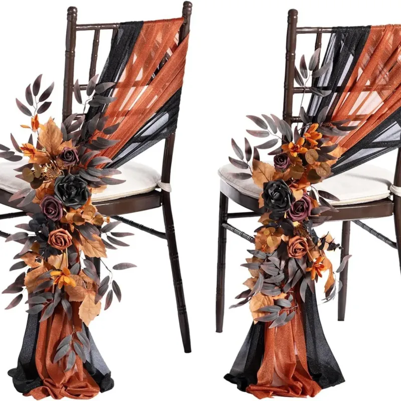 Künstliche Blumen-Girlande für Stuhlrücken, 60 cm, mit 2 Chiffon-Bändern, Hochzeitsdekoration, Outdoor-Deko