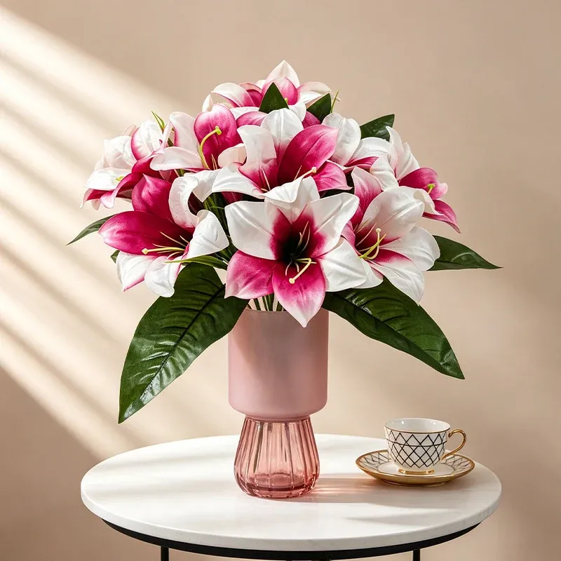 Künstliche Lilienblüten, 32 cm hoch, 5 Blüten, 12 cm Durchmesser, Seidenstoff, für Zuhause, Büro, Hochzeiten, Dekoration