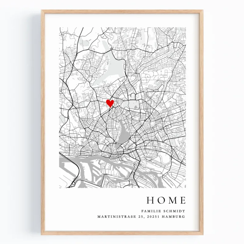 Home Poster mit personalisierter Stadtkarte und Herzmarkierung