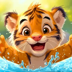 Diamond Painting Set eines niedlichen Tigerbabys, das fröhlich im Wasser planscht mit leuchtenden Farben und Wassertropfen.