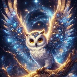 Diamond Painting Set Eule auf Ast mit leuchtenden Flügeln im magischen Nachthimmel Galaxie Motiv