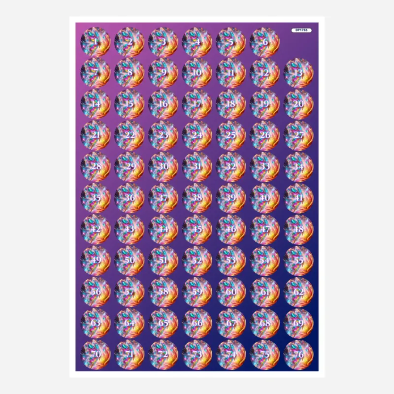 Bunte Diamond Painting Döschenaufkleber mit Zahlen 1 bis 76 zur einfachen Sortierung der Steine bei DIY-Kunstwerken