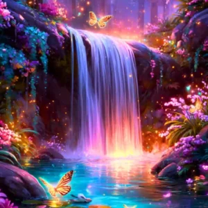 Diamond Painting Set Hain der erwachten Farben: Fantasiewald mit Wasserfall, rosa Blüten, Schmetterlingen und Teich.