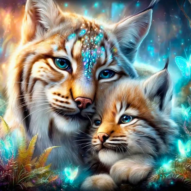 Diamond Painting Set mit Luchs-Mutter und Jungtier im Zauberwald mit leuchtenden Schmetterlingen und Glitzer-Fell