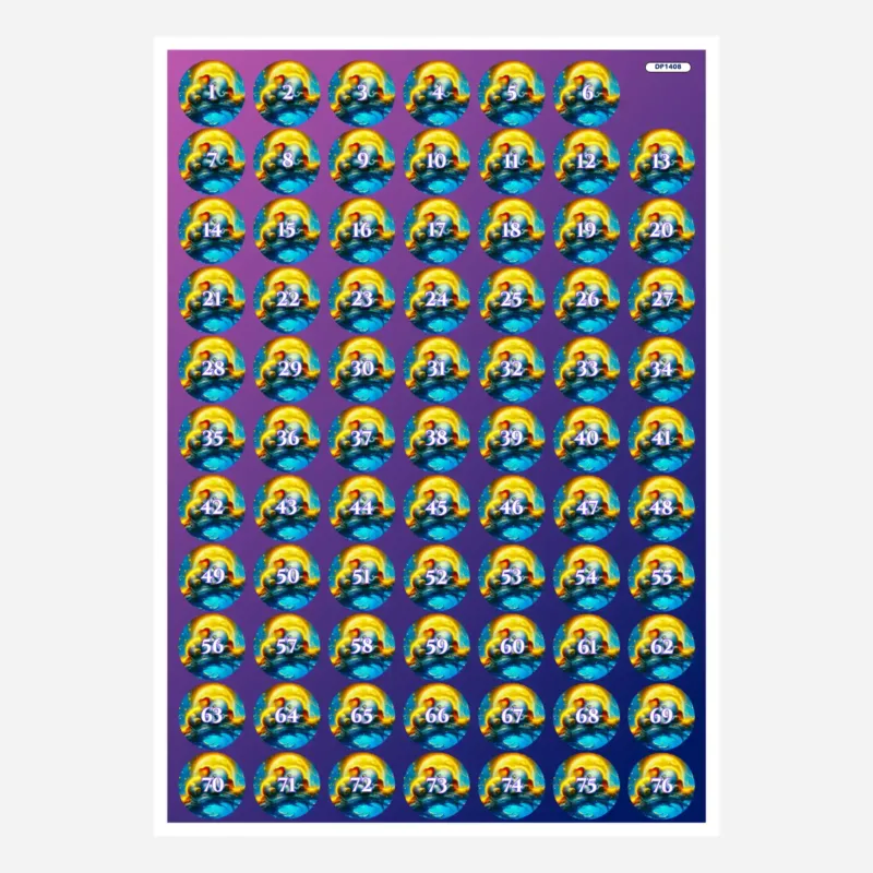 Bogen mit runden Döschenaufklebern für Diamond Painting mit Mondschein Elefant Motiv und Nummern von 1 bis 76.