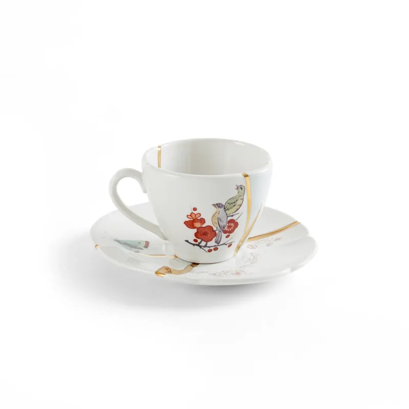 Kintsugi Espressotasse mit Unterteller aus Porzellan und Gold online kaufen