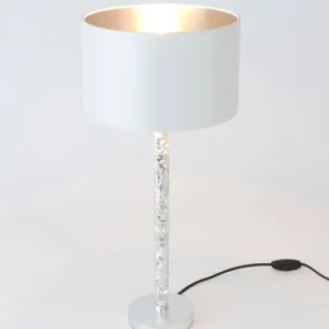 Tischlampe Cancelliere Rotonda Piccolo mit weißem Seidenschirm, Kristallglasschaft und warmweißem Licht