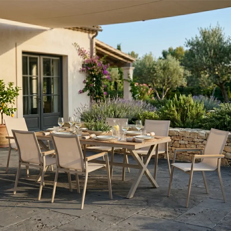 SUMMER SALE ☀️⛱️🏝️ Essgruppe Meran natur / Aluminium kombiniert mit Nonwood Teak Look Elementen