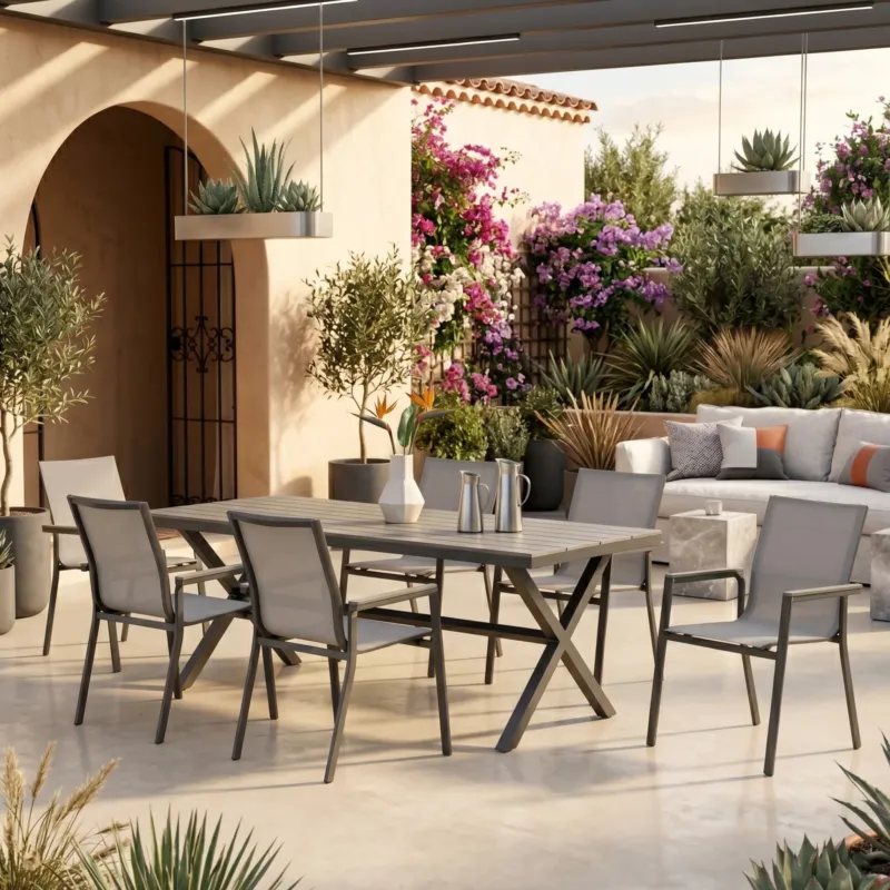 SUMMER SALE ☀️⛱️🏝️ 7 tlg. Essgruppe Meran shadow grey / Aluminium kombiniert mit Nonwood Royal Grey Look Elementen