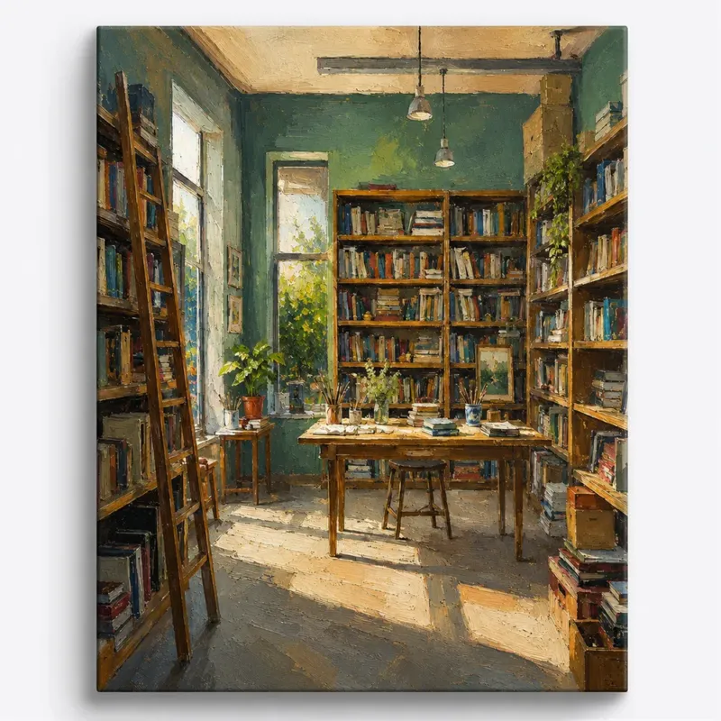 Malen nach Zahlen für Erwachsene: Gemütliche Bibliothek mit Bücherregalen, Leitern und Schreibtisch in warmem Licht.