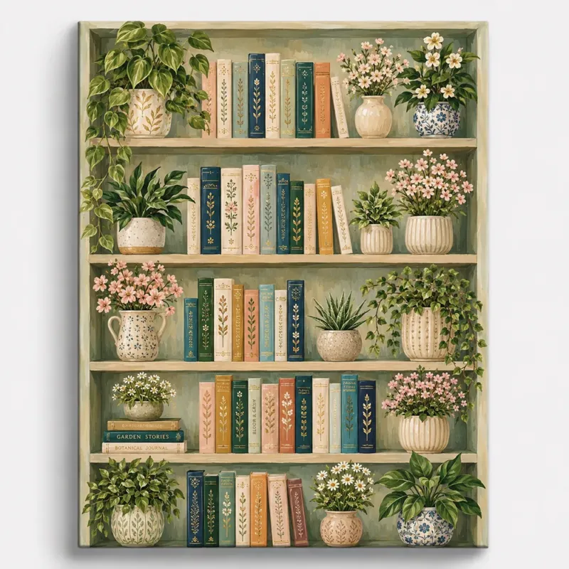 Malen nach Zahlen für Erwachsene: Bücherregal mit Pastell-Büchern, grünen Zimmerpflanzen und Blumen in dekorativen Vasen.
