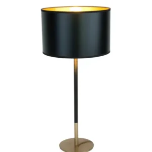 Tischlampe Enzio mit schwarzem Stoffschirm rund Ø 27cm, goldener Innenseite und Metallgestell, Frontalansicht