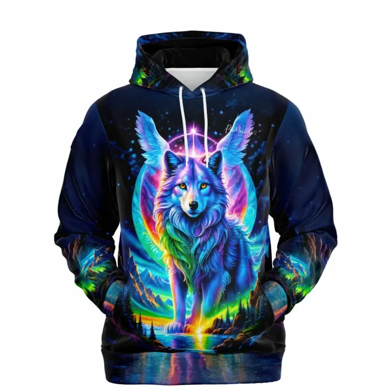 Dreamer Hoodie mit farbenfrohem, geflügeltem Wolf in magischer Naturlandschaft – ideal für Diamond Painting Fans