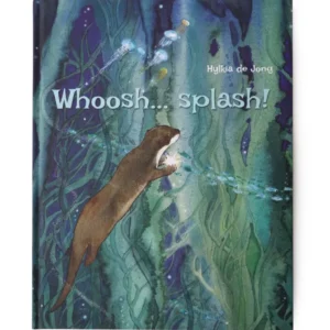 Whoosh... splash! prentenboek van Hylkia de Jong – omslag met duikende otter tussen wier en kwallen, Engelse editie