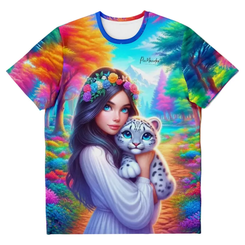 T-Shirt mit Amiras Paradies Motiv: Mädchen mit Schneeleopard im bunten Wald, beliebtes Diamond Painting Design