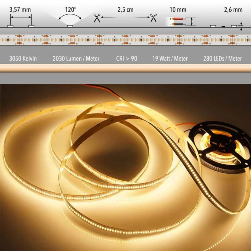 5m LED Lichtband 24V auf Wunsch, Professional-Licht 3000K, IP63, 2030 Lumen/Meter, 19 Watt/Meter