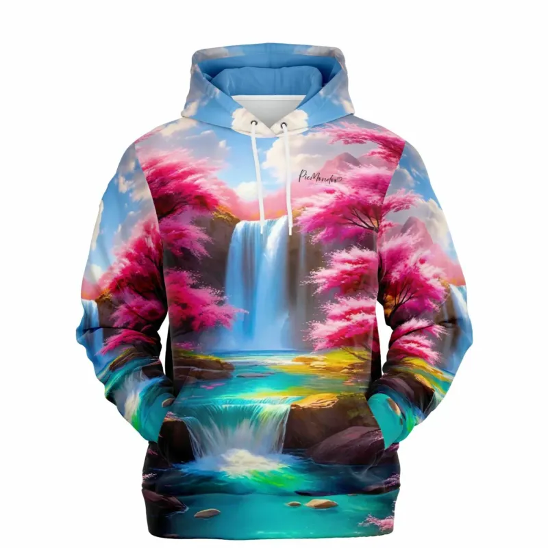Dreamer Hoodie mit Kirschblüten und Wasserfall Motiv, inspiriert von Diamond Painting und Malen nach Zahlen Kunst