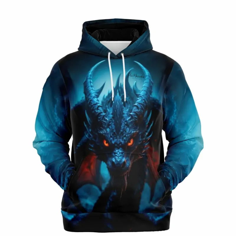 Dreamer Hoodie mit blauem Drachendesign und leuchtend roten Augen, hochwertiger AOP-Druck für Fans von DIY-Kunst