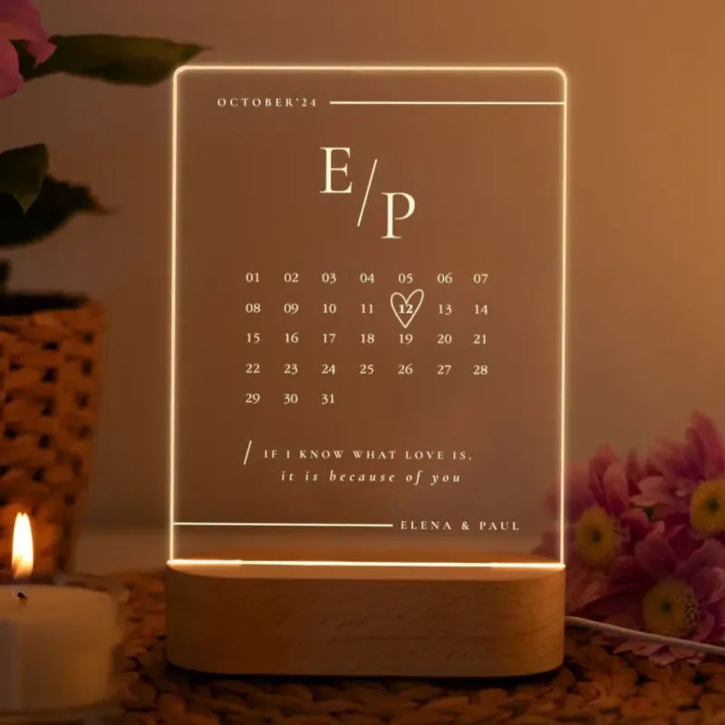 Personalisierte Acryl LED Lampe für Paare – Minimalistische Hochzeitsdeko mit Kalender Design