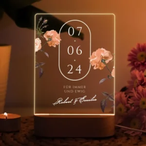 Hochzeitslampe personalisiert mit Namen und Wunschdatum – Elegantes LED Nachtlicht für Paare