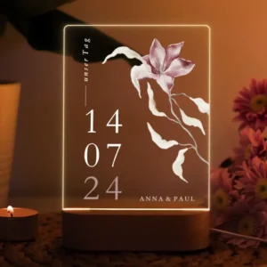 Personalisierte Nachtlampe mit floraler Illustration – Elegante Acryl LED Lampe zur Hochzeit