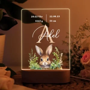 Nachtlicht Baby personalisiert mit Initiale und Hasen Motiv – Geburtsgeschenk mit Wunschname