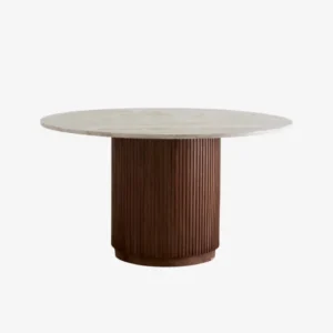 ERIE round dining table wood finish w. Ivory nature marble tabletop