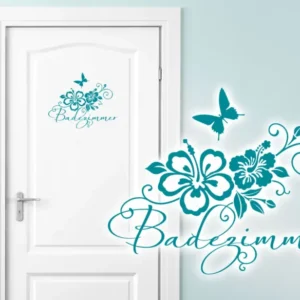 Wandtattoo WC Aufkleber "Badezimmer" + Hibiskus W764