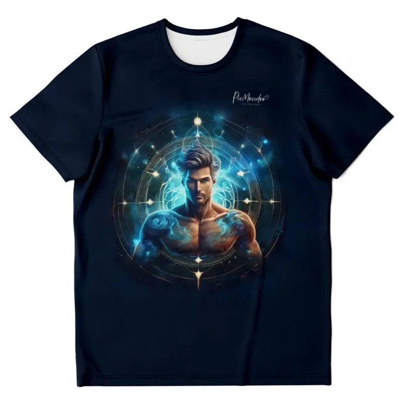 Dunkelblaues Dreamer T-Shirt mit mystischem Wassermann-Sternzeichen-Motiv und magischen Lichteffekten