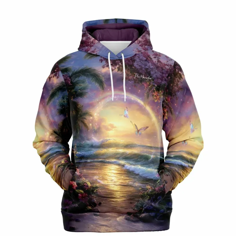Dreamer Hoodie mit traumhaftem Strandmotiv, Regenbogen und Schmetterlingen im Stil von Diamond Painting Kunstwerken.