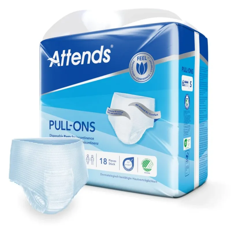 Produktbild eines Pflegeartikels: Eine Packung Attends Pull-Ons der Größe S, die vorn und hinten sichtbar ist. Die Verpackung ist in einem ansprechenden Design, hauptsächlich in Blau und Weiß, mit klaren, lesbaren Schriftzügen. Auf der Vorderseite sind Informationen über die Produktmerkmale wie die Absorptionsfähigkeit und die geeignete Körpergröße abgedruckt. Im Hintergrund ist eine helle, neutrale Fläche, die die Aufmerksamkeit auf die Packung lenkt.