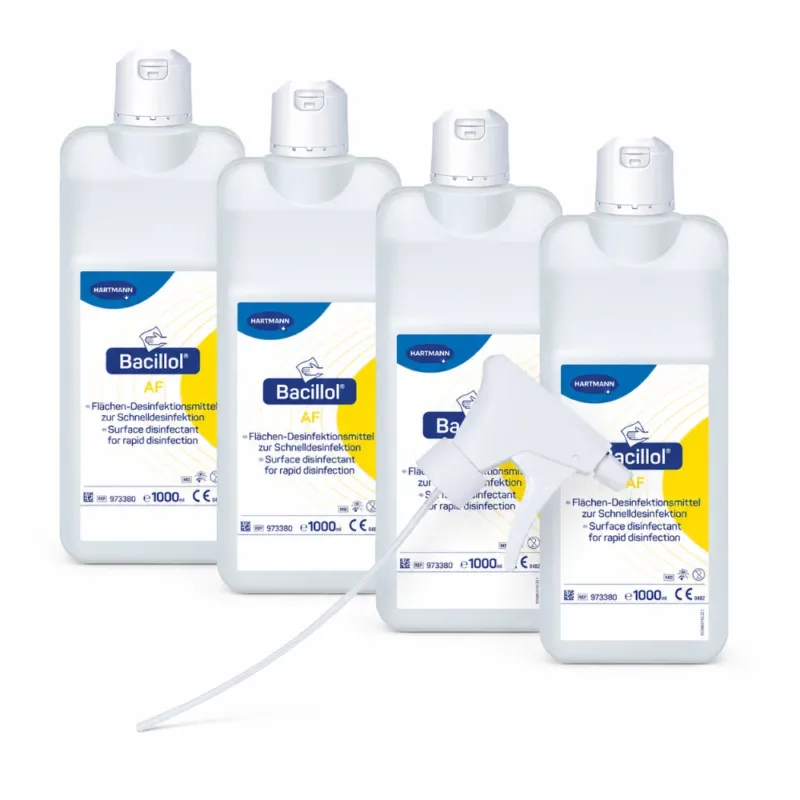 Bacillol AF 1000 ml Flächendesinfektionsmittel, vier Flaschen mit Sprühkopf auf weißem Hintergrund