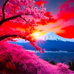 Diamond Painting Berg der Kirschblüten mit rosa Bäumen bei Abendrot und glitzernden AB-Steinen