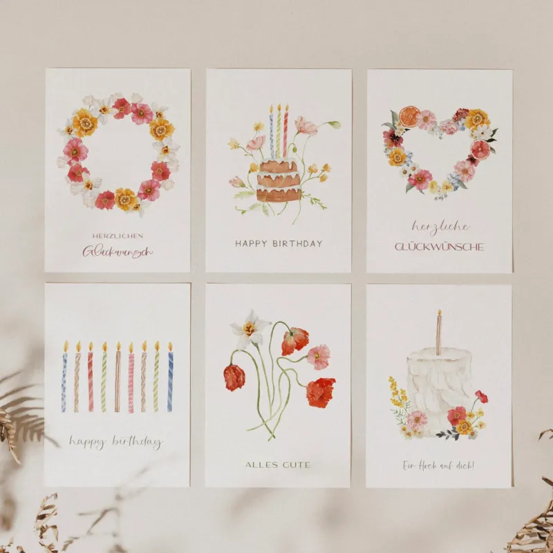 6er Set Geburtstagskarten A6 auf Strukturpapier - flowery