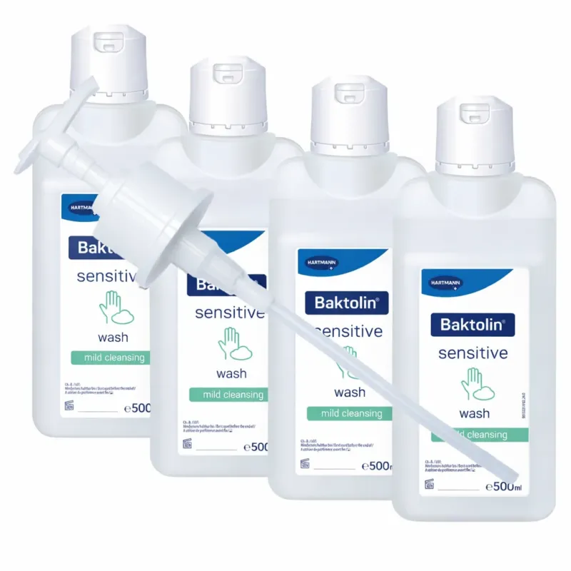 Vier Baktolin sensitive 500 ml Flaschen mit Dosierpumpe, frontal angeordnet, auf hellem Hintergrund, klares Produktbild