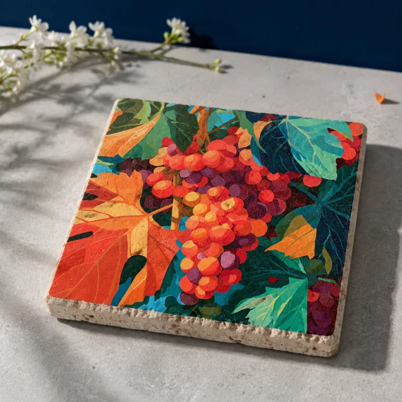 Rebenfarben – Kleines Kunstwerk aus Travertin mit farbenfrohem Trauben- und Weinblattmotiv in Rot, Orange, Violett und Türkis, UV-Direktdruck, 10x10 cm