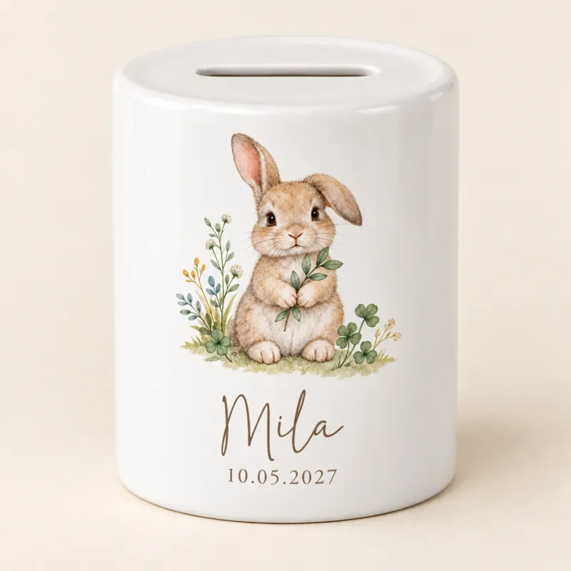 Hase mit Blätterzweig: Spardose mit Beispielname Mila und Datum 10.05.2027, Vorderseite